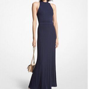 MICHAEL Michael Kors Women's Rib-knit Stretch Halter Maxi Dress Midnight Blue S